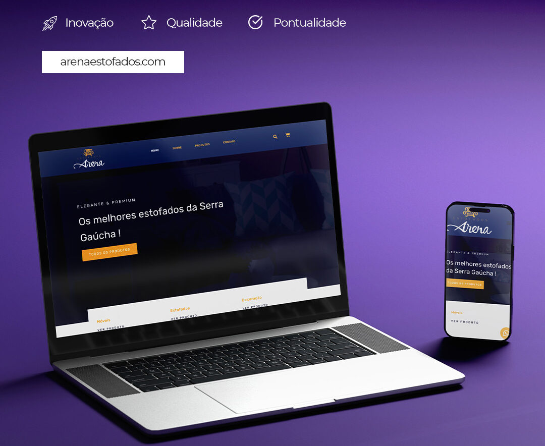 Site institucional da Arena Estofados apresentado em diferentes dispositivos